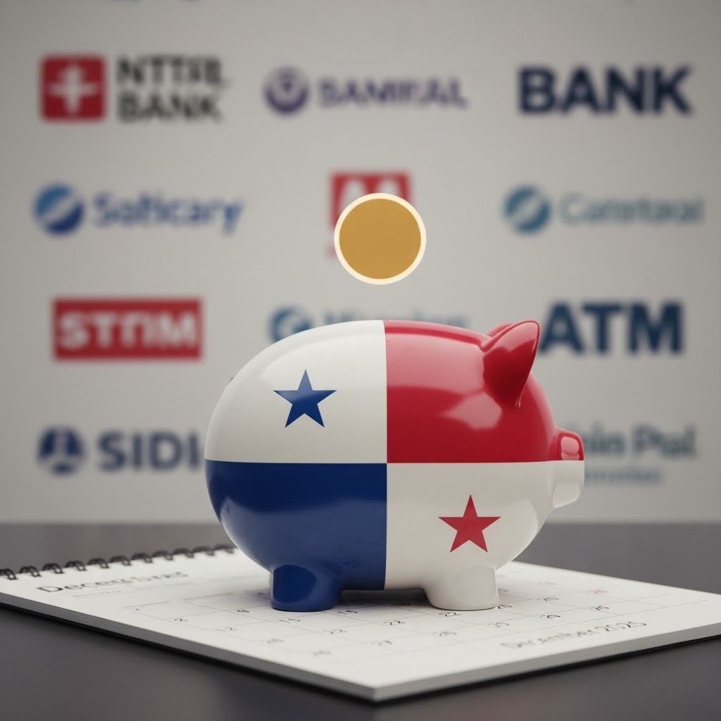 Calendario y alcancía de cerdito con bandera de Panamá