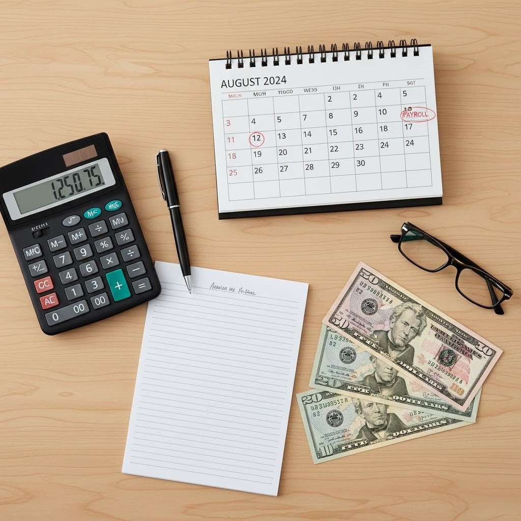 Calculadora y Billetes de Dólar sobre planilla panameña